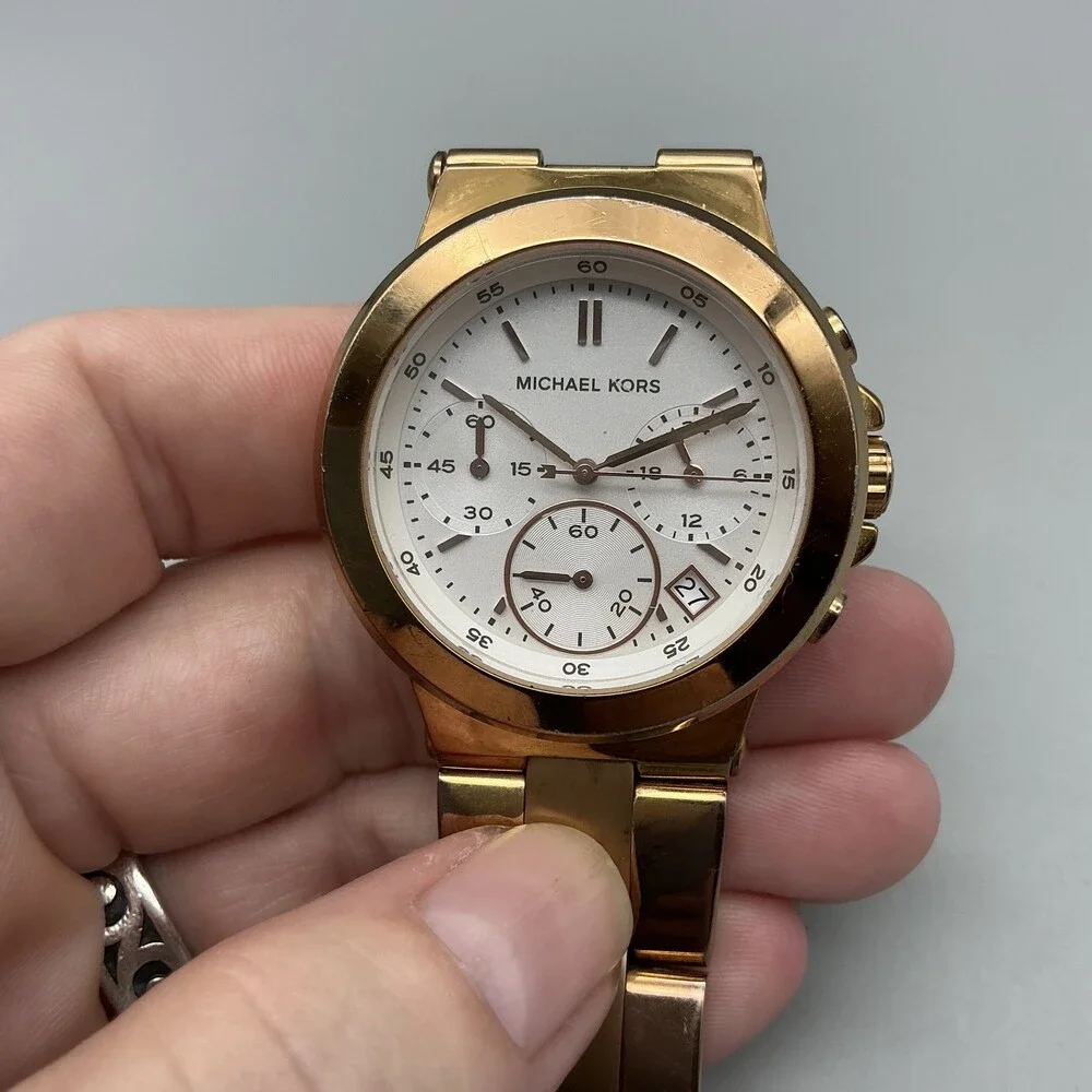 Michael Kors Womens Watch 38mm Gold Tone Chronograph MK-5223 New Battery 7" - Picture 8 of 13